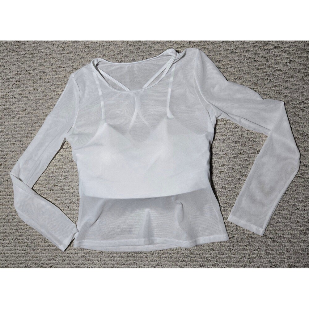 Women's Halara Sheer Long Sleeve Mesh Top Built in Bra Tank White Size Medium